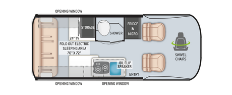 RV rental interior layout: 70"x72" fold-out bed, kitchenette (fridge/micro), shower, and swivel chairs.