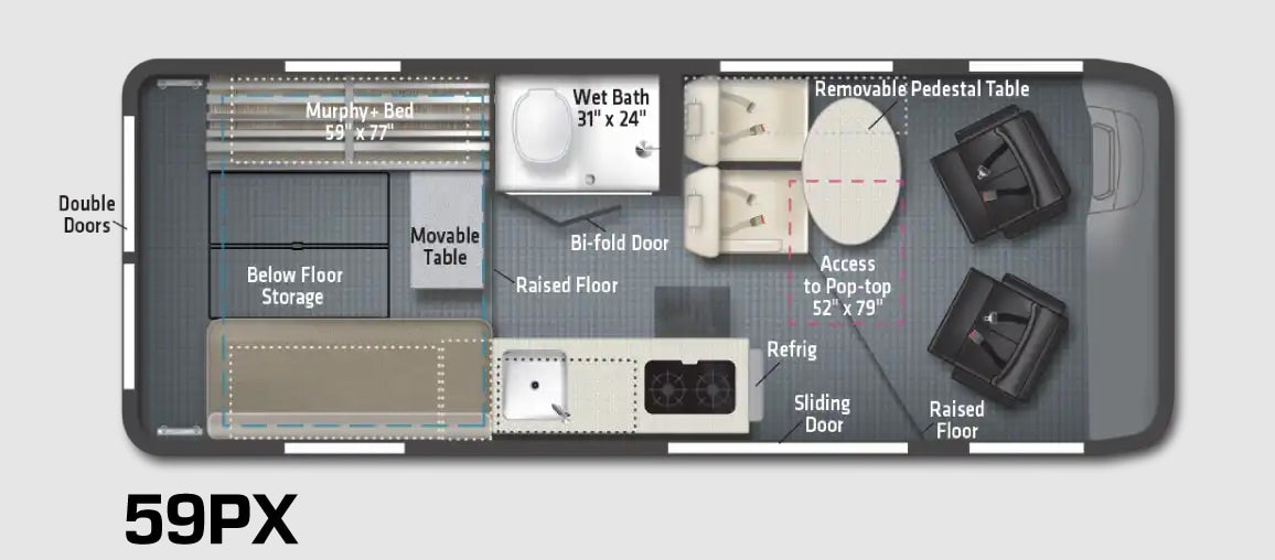 RV rental 59PX floor plan: detailed layout with Murphy bed, wet bath, kitchen, seating, and storage areas.