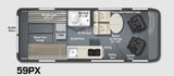 RV rental 59PX floor plan: detailed layout with Murphy bed, wet bath, kitchen, seating, and storage areas.
