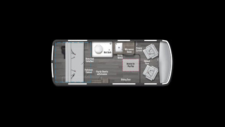 Detailed rv rental floor plan: Wet Bath, Motorized Sofa/Bed, Dinette, Kitchenette, and front seating area features displayed.