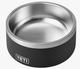 This black YETI dog bowl is a sturdy pet travel essential for your RV rental adventures & camping trips.