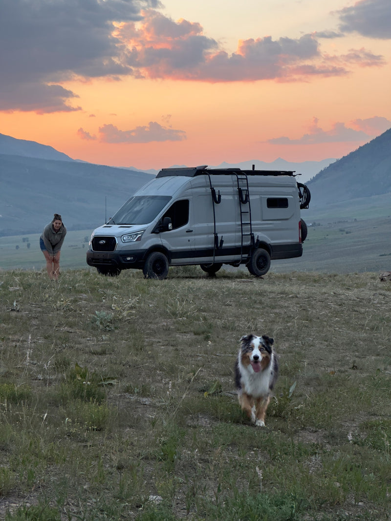 Embrace van life! An RV rental, a woman, and her happy dog at sunset in the mountains. Perfect for outdoor adventures. — photo 2
