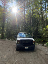 White Ford van RV rental on a sunny forest road, surrounded by tall trees. Ready for your Washington state nature trip!