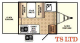 RV rental floor plan of a T8 LTD pop-up camper, showing bunks, dinette, kitchen, and storage.