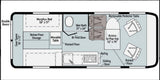 RV rental van floor plan: a detailed layout showing bed, wet bath, kitchen, seating, and storage areas.