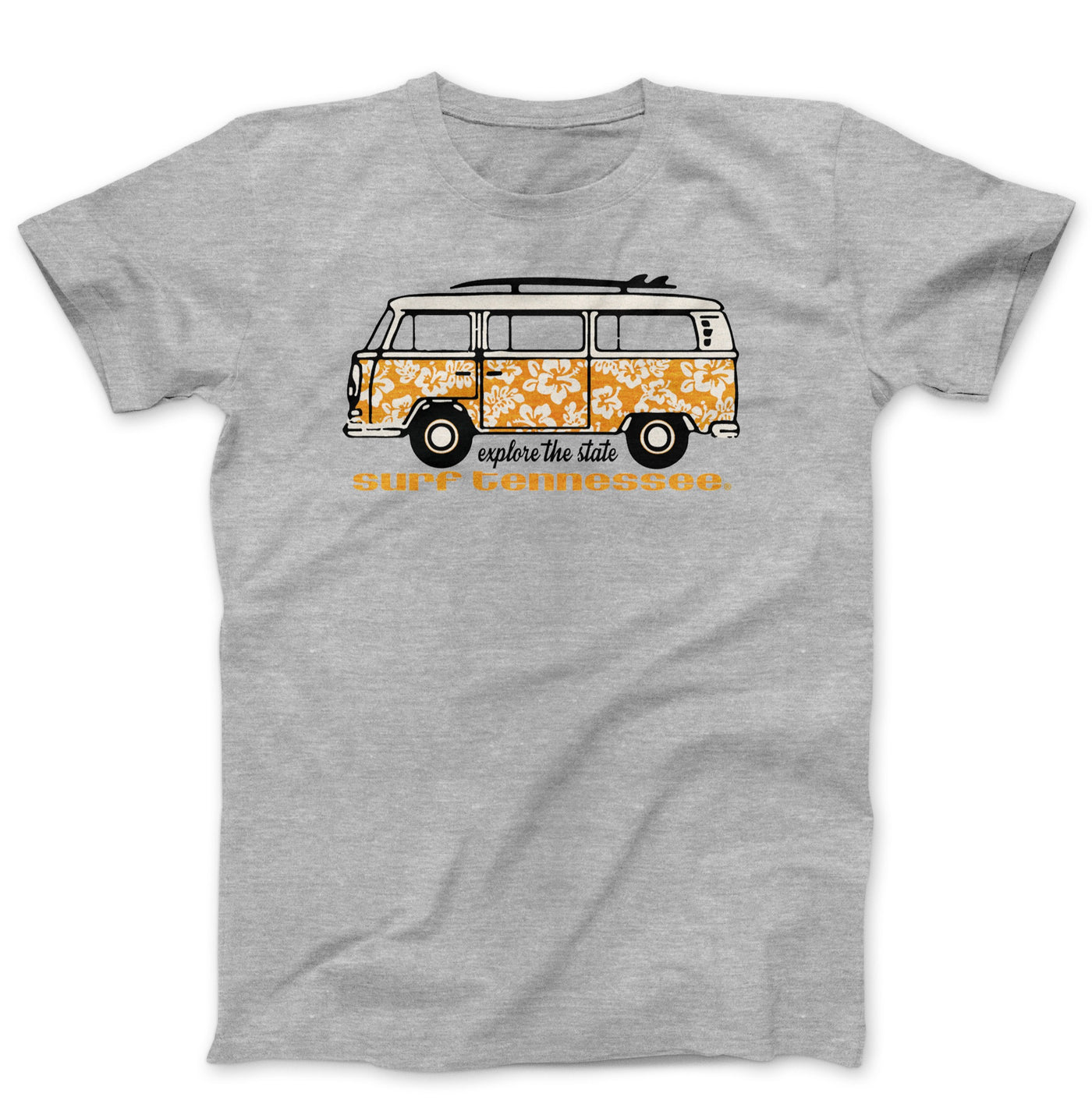 Grey t-shirt featuring a vintage orange and white camper van graphic with a surfboard on top and 'Surf Tennessee' text, ideal for RV rental fans. — photo 12