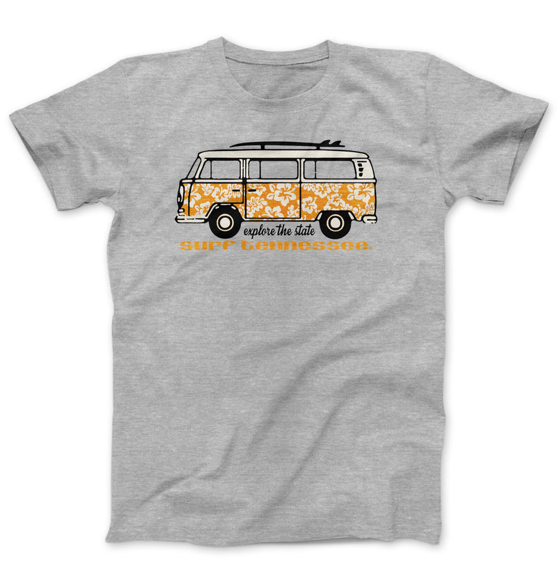 Grey t-shirt featuring a vintage orange and white camper van graphic with a surfboard on top and 'Surf Tennessee' text, ideal for RV rental fans. — photo 12