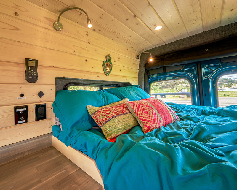 Cozy RV rental bedroom with warm wood walls, teal bedding, reading lights, and practical controls for a comfortable stay. — photo 5