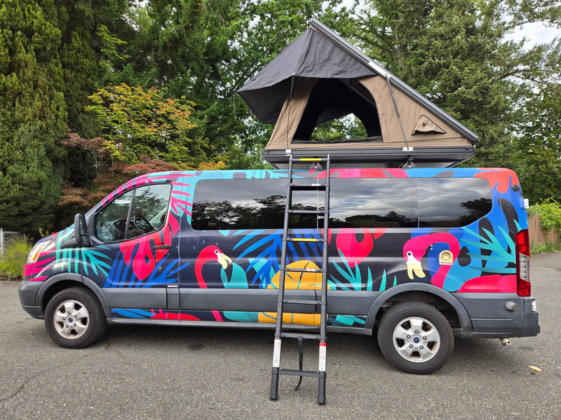  offering a comfortable view of a suburban backyard.|This vibrant RV rental van — photo 5
