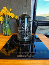 RV rental kitchen: Dark green coffee percolator on a Greystone induction cooktop, with fresh daffodils. Perfect for travel!