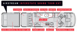 Overhead floor plan of an Airstream Interstate Grand Tour EXT rv rental, showing bed, galley, bath, and seating layout.