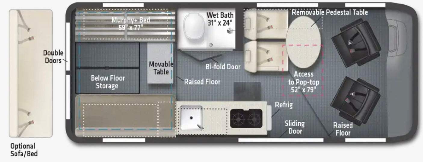 RV rental floor plan: See this campervan's compact interior with a Murphy bed, wet bath, kitchen, and dining space.