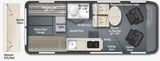 RV rental floor plan: See this campervan's compact interior with a Murphy bed, wet bath, kitchen, and dining space.