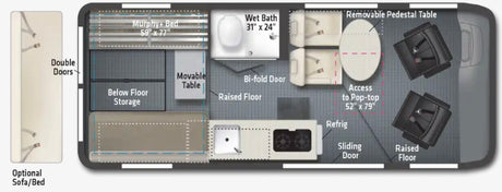 RV rental floor plan: See this campervan's compact interior with a Murphy bed, wet bath, kitchen, and dining space.