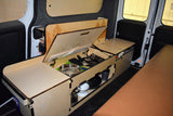 RV rental: Camper van's wooden modular kitchen with cooking essentials & built-in storage.