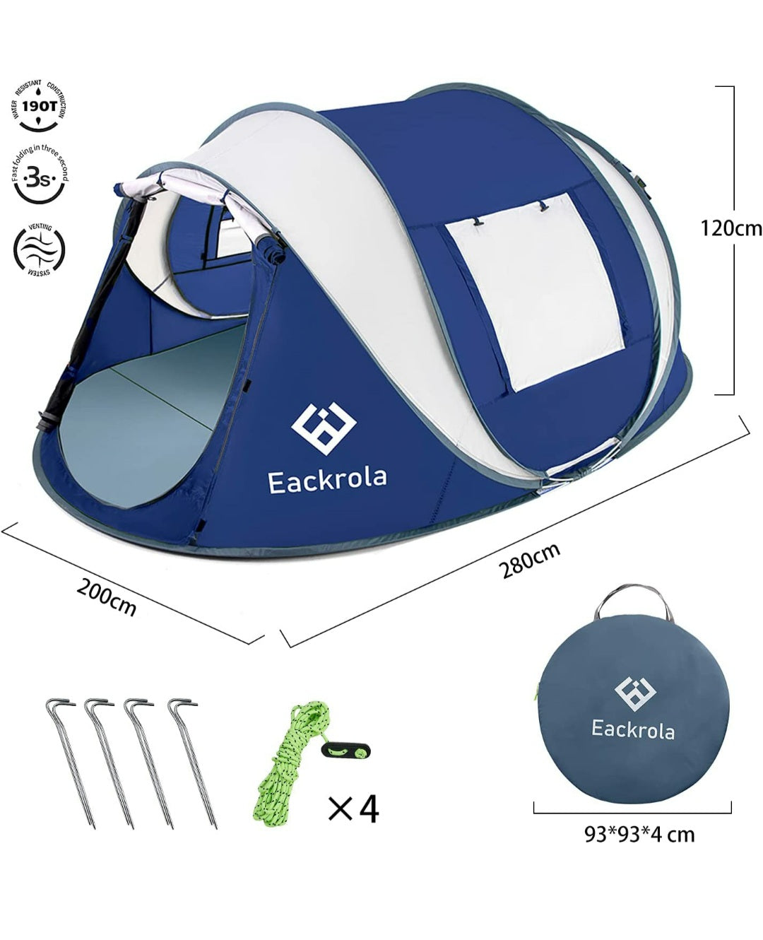 Blue Eackrola pop-up tent (200x280x120cm) with 3s setup, stakes & ropes. Ideal for camping trips or RV rental adventures.