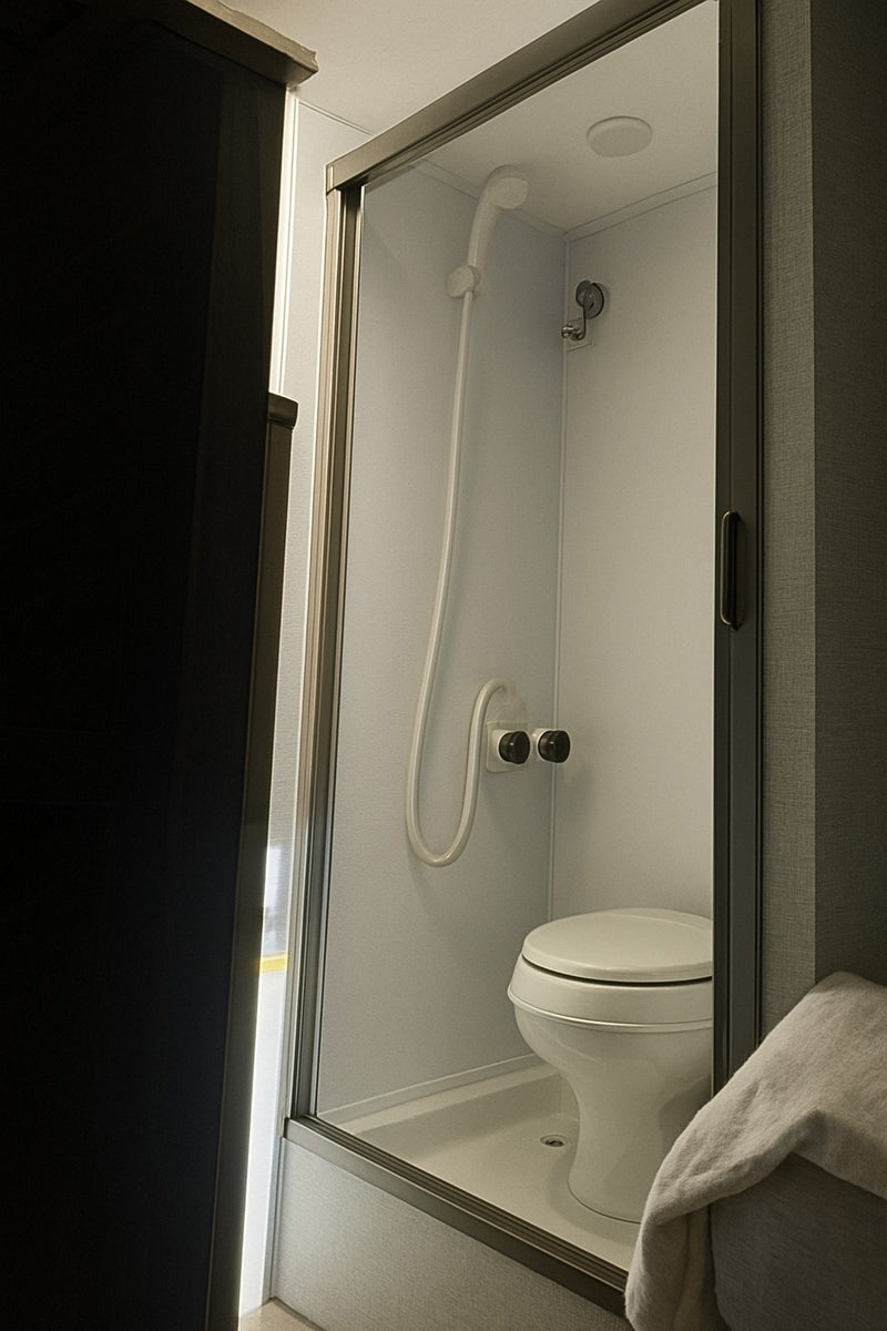 Compact RV rental wet bath with shower, toilet, and glass enclosure. — photo 19