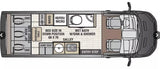Overhead RV rental floor plan detailing a campervan layout with a convertible bed, wet bath, galley, and flexible seating.