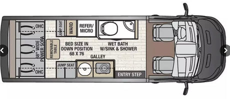 Overhead RV rental floor plan detailing a campervan layout with a convertible bed, wet bath, galley, and flexible seating.