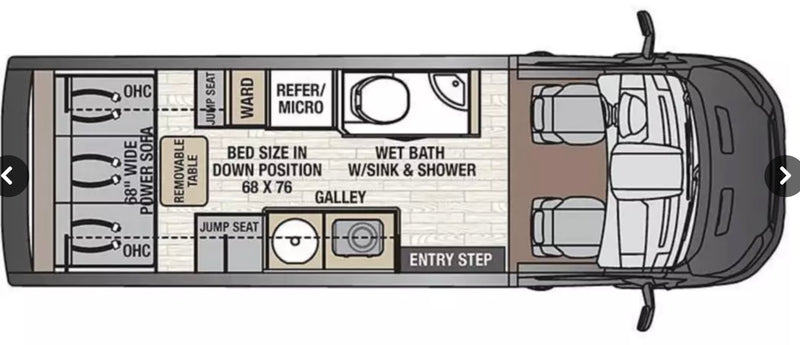  and seating.|Inside a compact RV rental bathroom: features a toilet with an open lid — photo 10