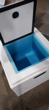 Robust cooler for your RV rental, with a secure lid and bright blue interior, ready for travel and camping adventures.