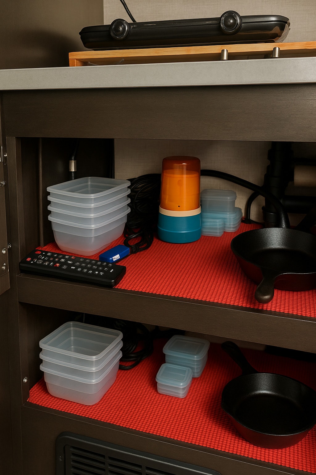 Inside an RV rental, this organized cabinet features red shelf liners, stacked containers, cast iron pans, a griddle, and a remote. — photo 13