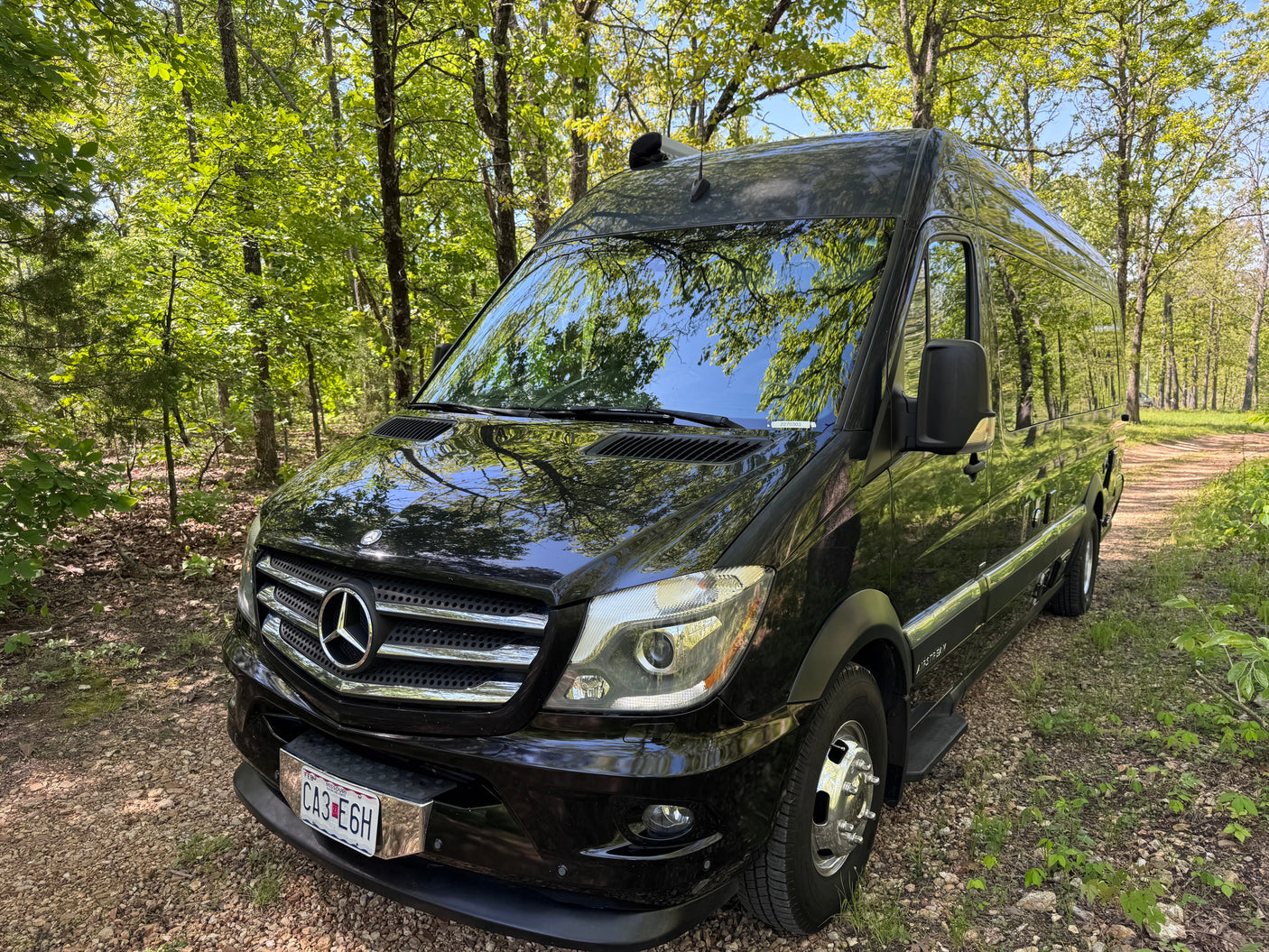 Black Mercedes Sprinter Airstream camper van parked in a sunlit forest, ideal for your next RV rental.