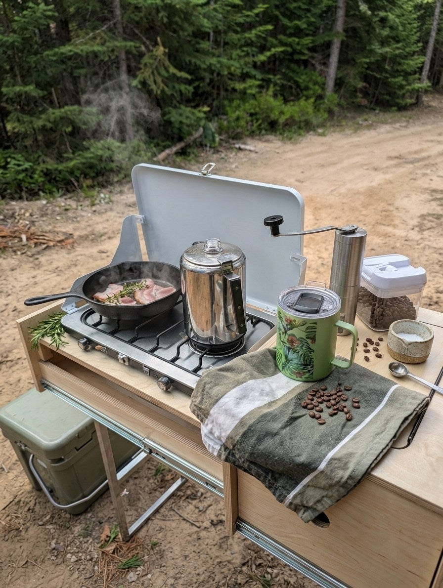 Off-road RV rental setup: Orange Jeep Wrangler with rooftop tent and side awning in a sun-drenched forest at sunset.|Orange Jeep Wrangler with rooftop tent & pull-out kitchen by a mountain lake. An ideal RV rental for rugged adventures.|Orange Jeep Wrangler with a KAMPPER roof-top tent on a lush forest trail. Explore the wild with an RV rental!|RV rental Jeep Wrangler featuring a custom pull-out camping kitchen with a stove