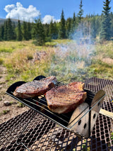 RV rental escape: Sizzling steaks on a portable grill, set against a stunning mountain and forest backdrop.