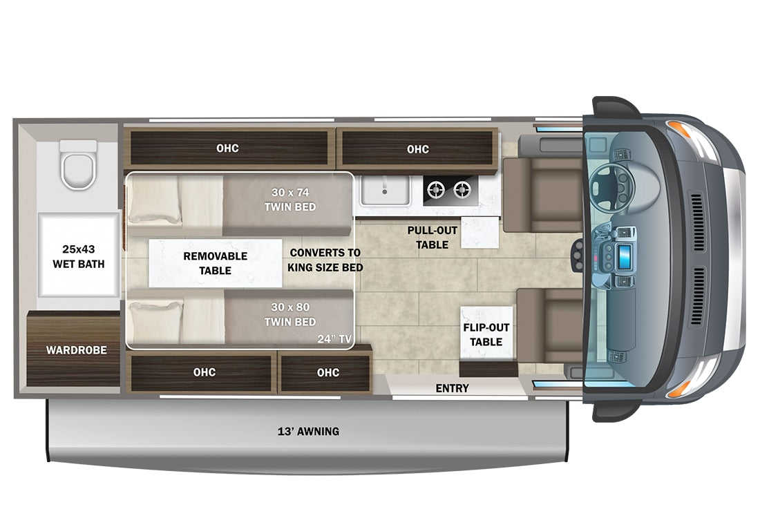 Overhead floor plan of an rv rental, featuring a cab, kitchen, convertible twin beds, wet bath, and dining areas.