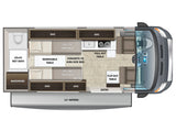 Overhead floor plan of an rv rental, featuring a cab, kitchen, convertible twin beds, wet bath, and dining areas.