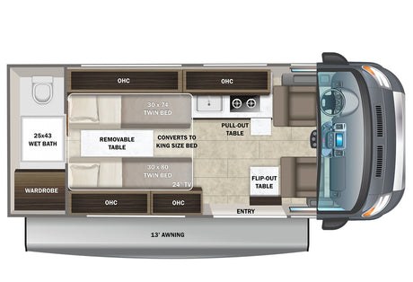 Overhead floor plan of an rv rental, featuring a cab, kitchen, convertible twin beds, wet bath, and dining areas.