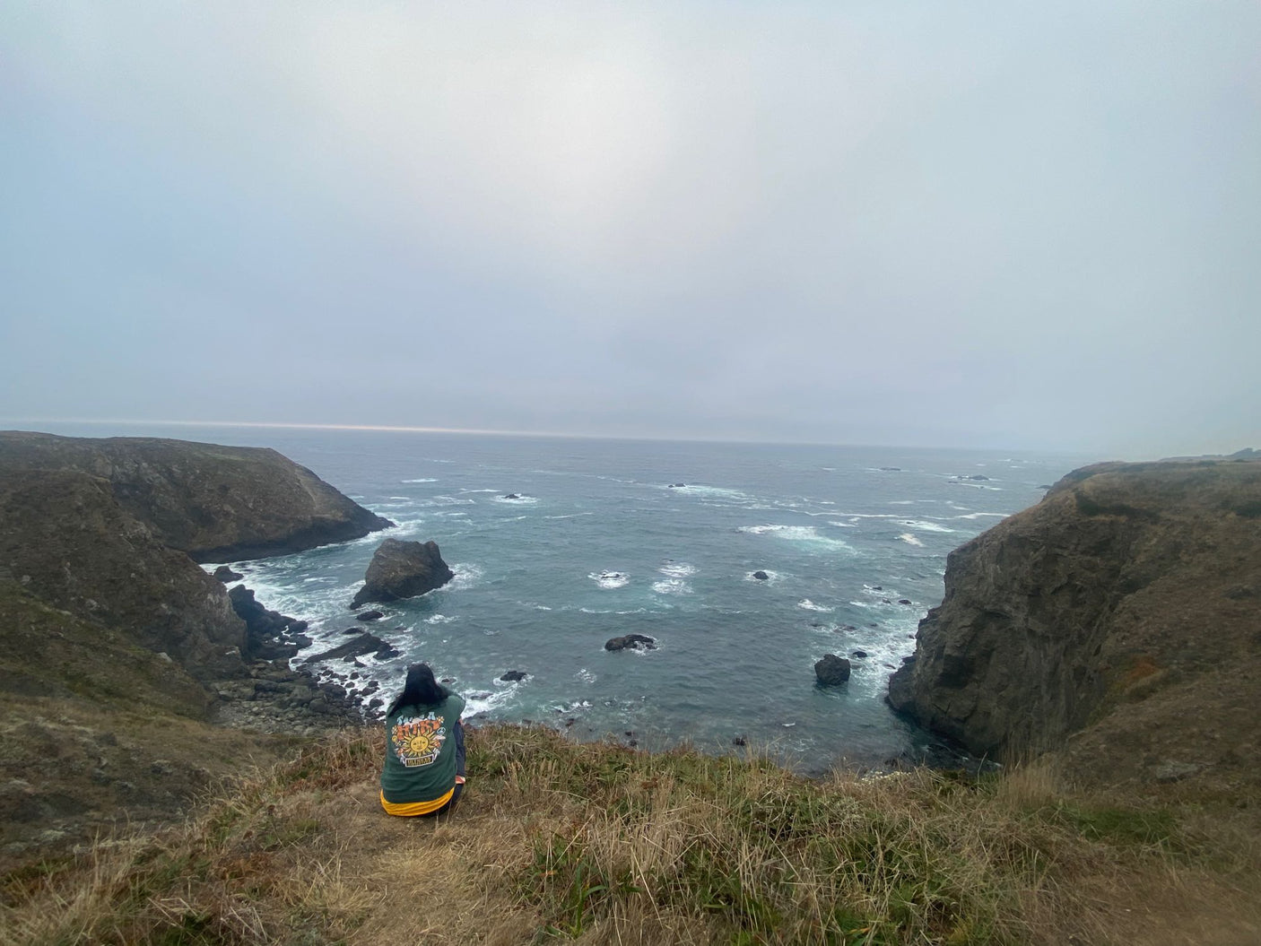 From a grassy cliff, a person gazes at the vast, misty ocean and rugged coastline. Ideal RV rental destination.