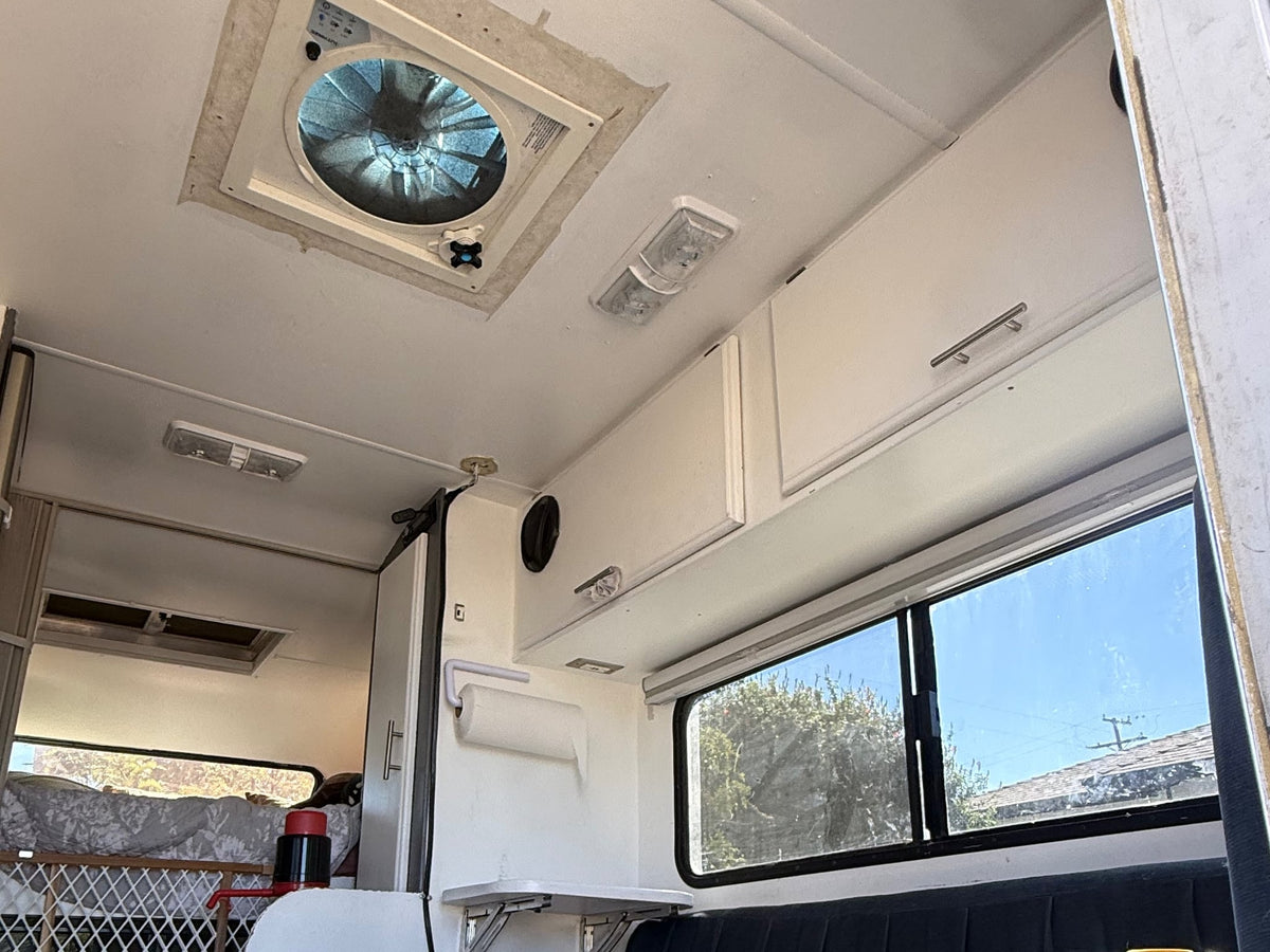  ready for your rv rental trip.|RV rental interior: a grey kitchen with white cabinet doors — photo 6
