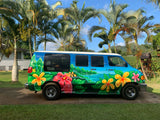 Colorful rv rental van, painted with vibrant tropical flowers and island scenes, parked under palm trees.