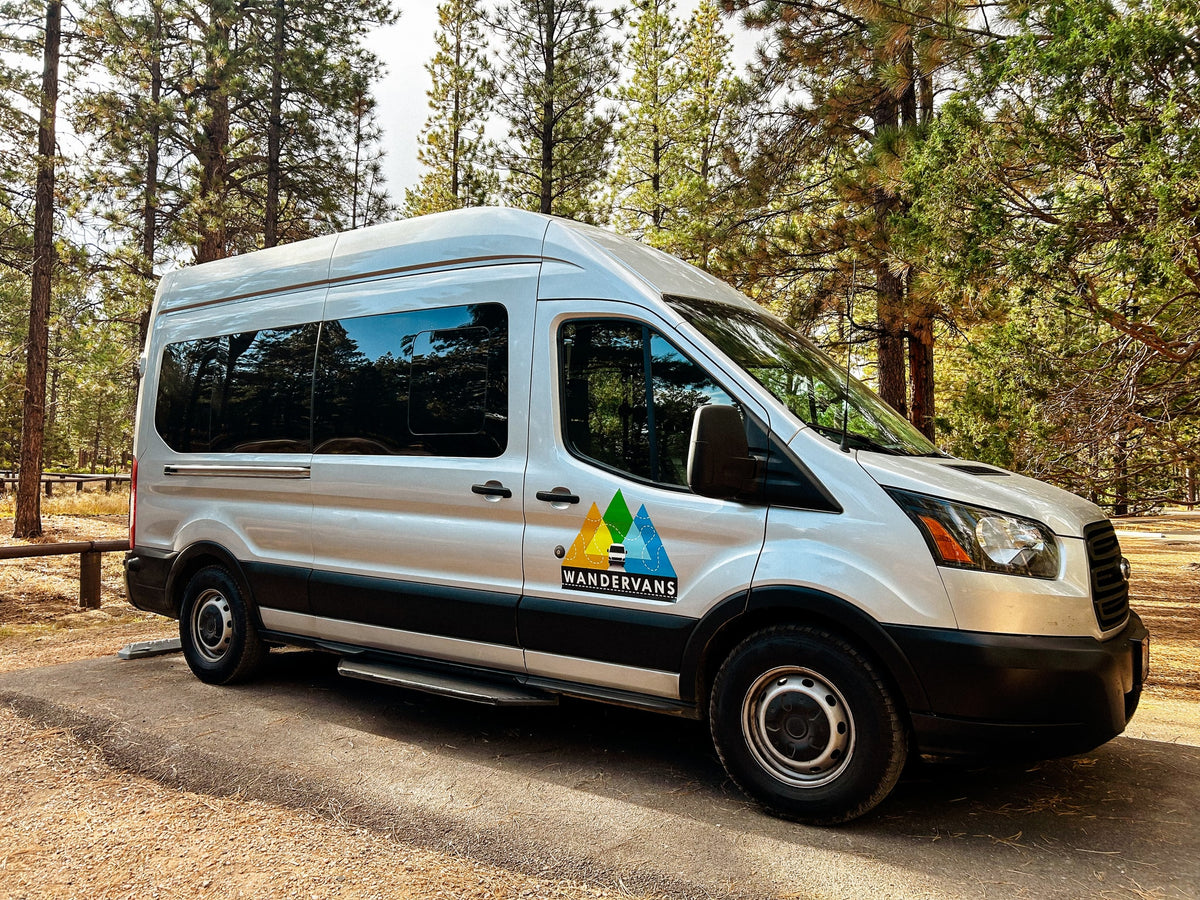 A silver Wandervans RV rental, a Ford Transit camper van, parked amongst tall pine trees.