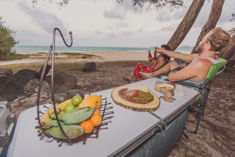 Perfect RV rental beach day: two people relaxing under trees, toasting beers, with a picnic table of fruit and cheese.