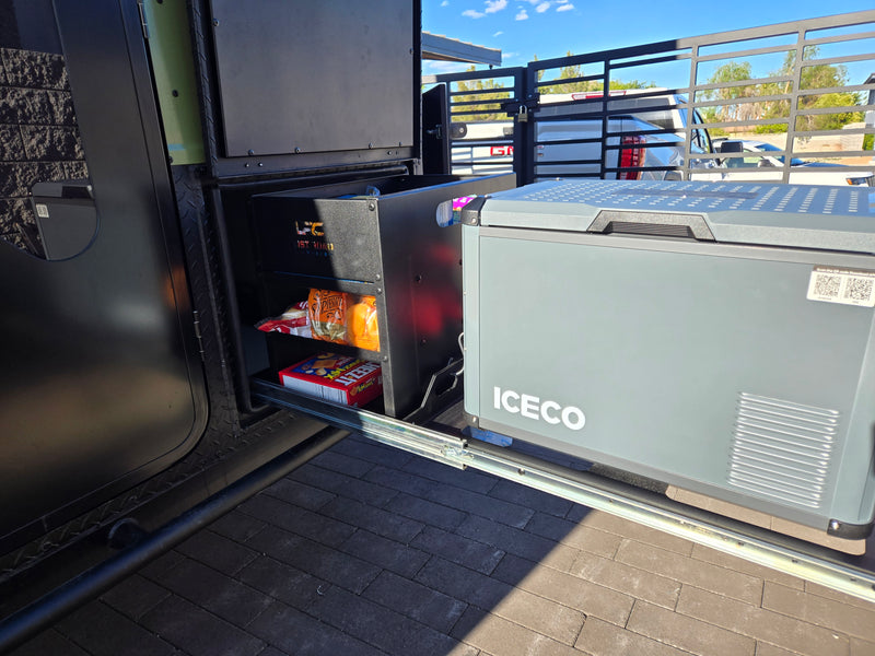 Prepped RV rental: ICECO fridge and Lost Road Campers snack storage slide out, ready for overland travel. — photo 4