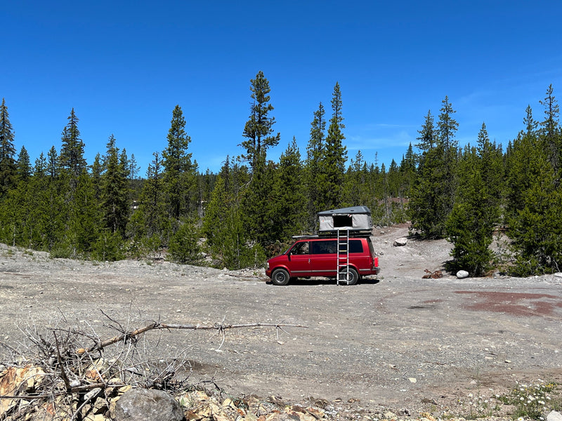Explore nature with this red RV rental camper van, featuring a rooftop tent and ladder, parked in a pine forest. — photo 1