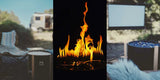 An RV rental scene: a triptych showing a cozy campsite, bright fire, and outdoor movie screen setup.