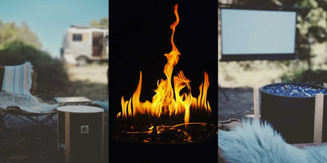 An RV rental scene: a triptych showing a cozy campsite, bright fire, and outdoor movie screen setup.