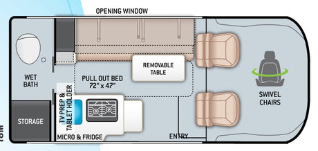 RV rental floor plan showing a compact layout with wet bath, pull-out bed, micro/fridge, removable table, and swivel chairs.