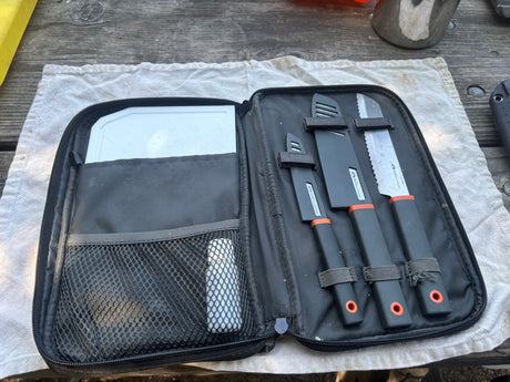 Compact GSI Outdoors knife set & cutting board for RV rental, essential for outdoor cooking.